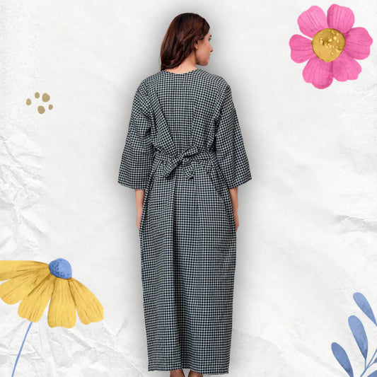 HARGUN Women's Cotswool Square Check Nightgown – Green Full Sleeve Winter Maxi