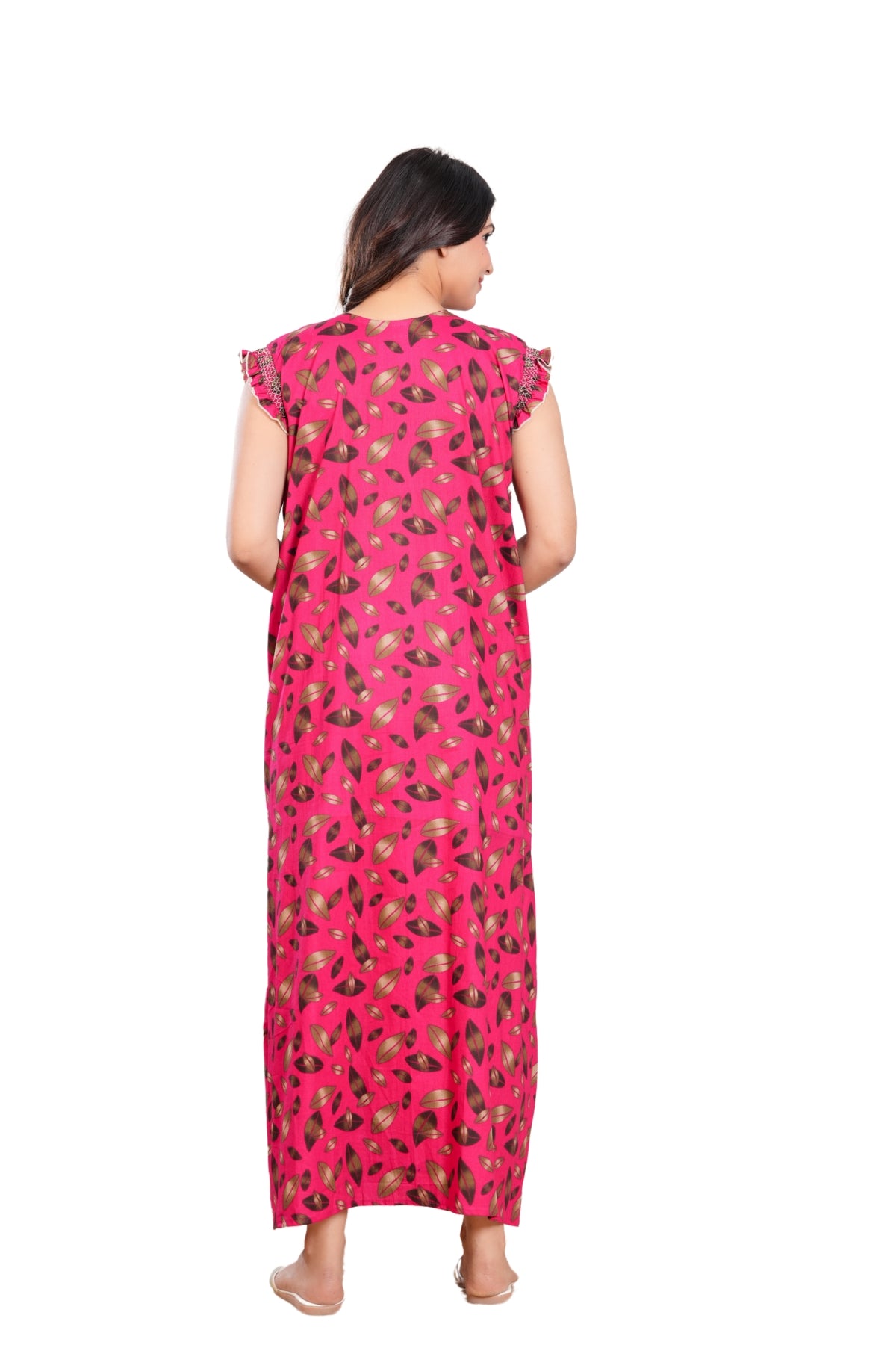 HARGUN NIGHT WEAR Women's Elegant Cotton Nightgown with Pocket & Embroidered Neck Design (Raani Pink, Free Size)