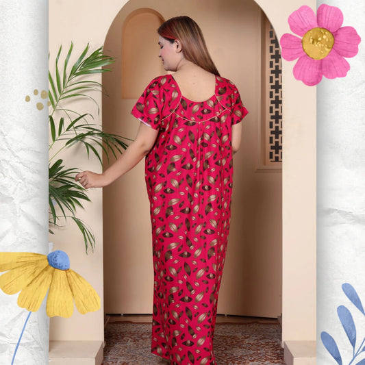 Short Sleeves Nightgown for Women, Cotton, Full Length (XL, Dark Pink)