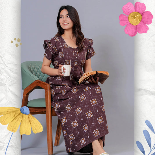 HARGUN NIGHT WEAR Women's Cotton Maxi Nighty, Printed, Ruffle Sleeves, Round Neck, All Day Comfort (Brown, XL)