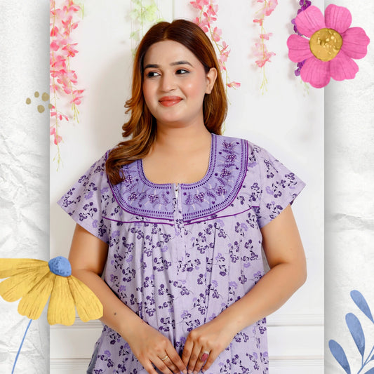 Women's Cotton Nightgown Maxi Embroidered Neck & Pocket (Lavender|)