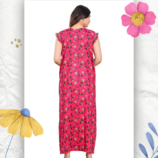 HARGUN NIGHT WEAR Women's Elegant Cotton Nightgown with Pocket & Embroidered Neck Design (Raani Pink, Free Size)