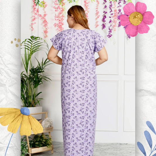 Women's Cotton Nightgown Maxi Embroidered Neck & Pocket (Lavender|)