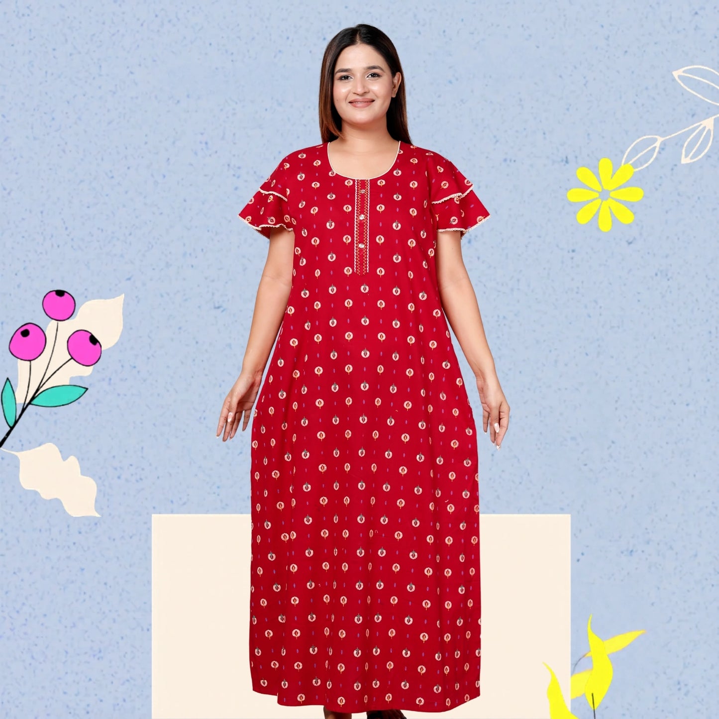 Deep Red Pure Cotton Printed Nighty Maxi with Side Pocket | Soft & Breathable Women’s Nightgown
