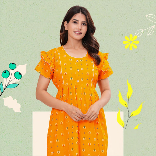 Frock Style Cotton Nightgown for Women (Yellow, XL)