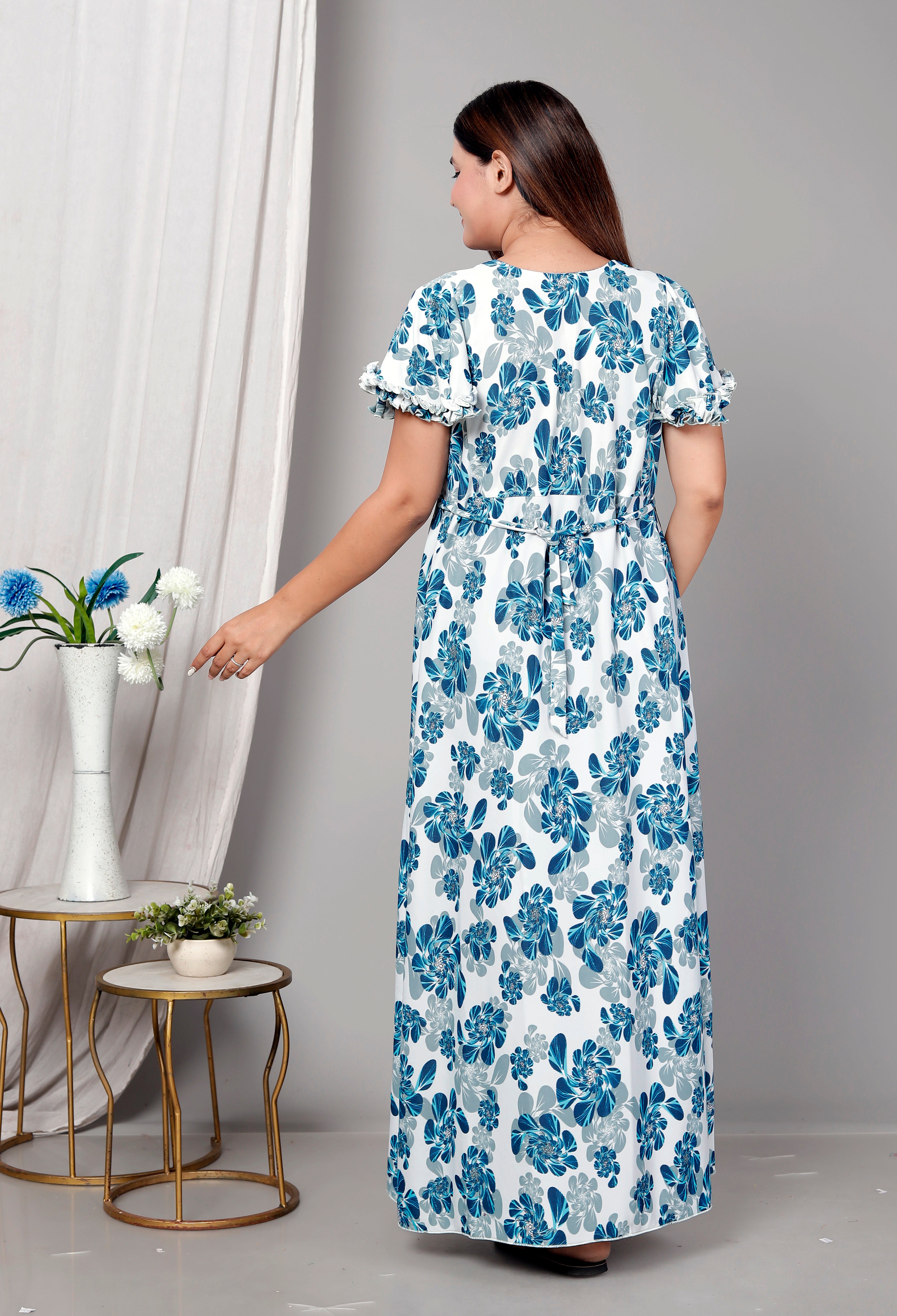 Premium Sarina Frock Style Nightgown for Women – Blue Floral Print, Full Length, Soft & Stylish Sleepwear