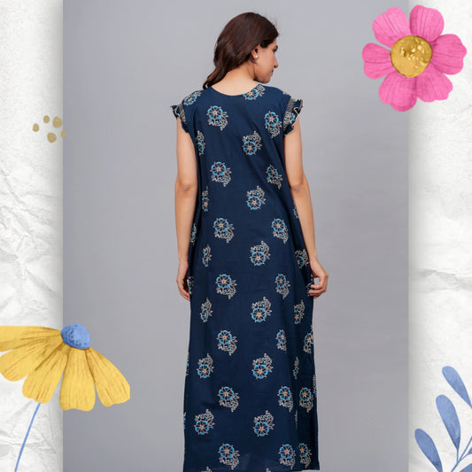 HARGUN NIGHT WEAR Cotton Nightgown for Women | Stylish Nighty Maxi Nightwear Floral Gown for Women Night Wear with Pocket (Navy Blue, XL)