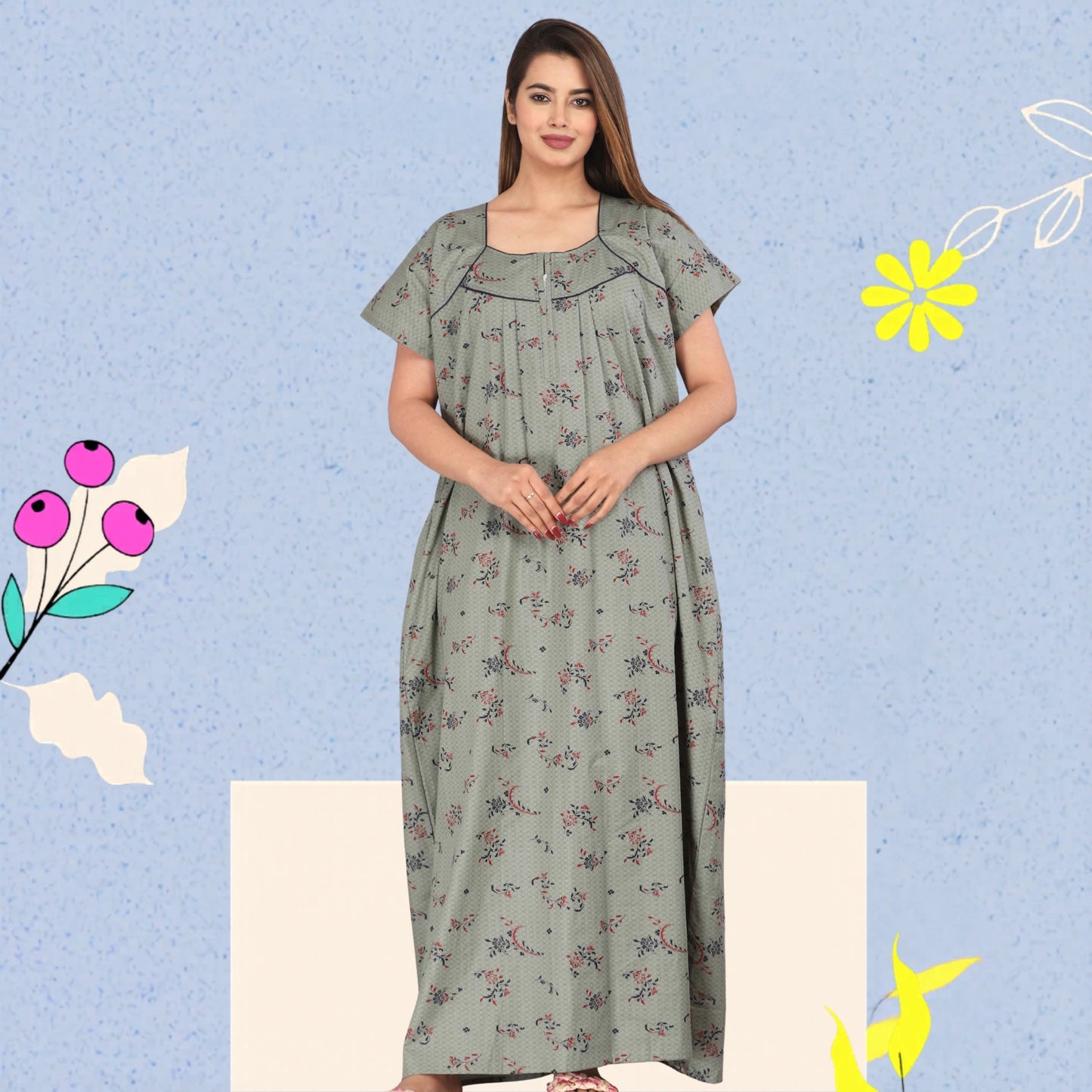 Women Cotton Floral Print Short Sleeve Nightgown With Side Pocket,(Free Size, Cardamom Grey)