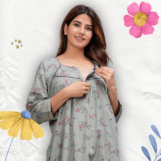 Cotton Full Sleeves Nightgown for Women (Cardamom Grey, XL)