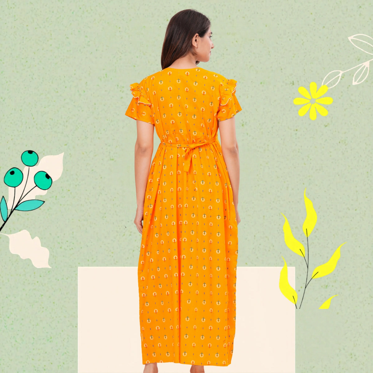 Frock Style Cotton Nightgown for Women (Yellow, XL)