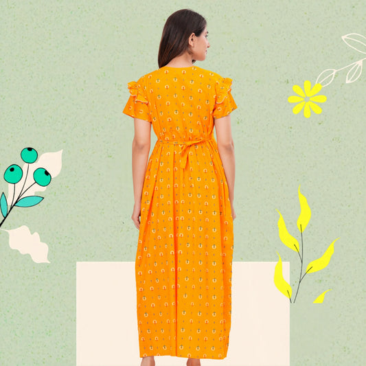 Frock Style Cotton Nightgown for Women (Yellow, XL)