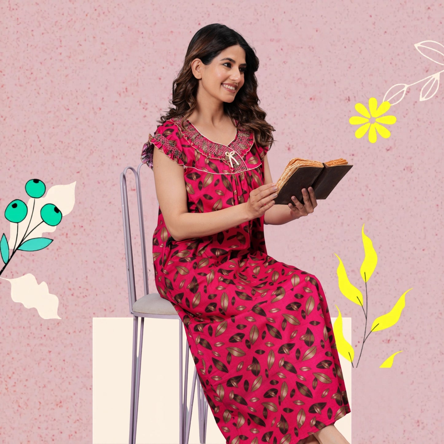 HARGUN NIGHT WEAR Women's Elegant Cotton Nightgown with Pocket & Embroidered Neck Design (Raani Pink, Free Size)