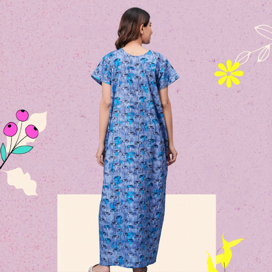 Women Cotton Floral Nightgown With Short Sleevess, Full Length And With Side Pockets (Free Size, Blue)