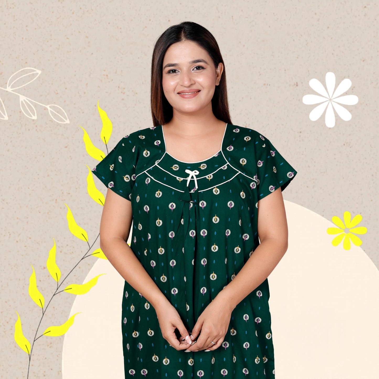 Women’s Pure Cotton Maxi Nighty – Soft Printed Night Dress for Daily Comfort (Green)