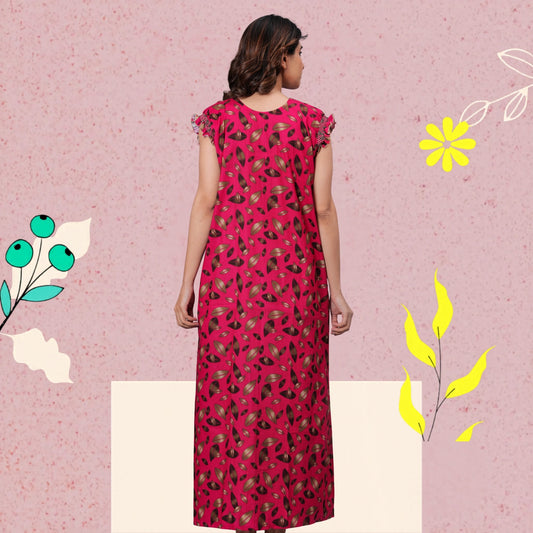 HARGUN NIGHT WEAR Women's Elegant Cotton Nightgown with Pocket & Embroidered Neck Design (Raani Pink, Free Size)