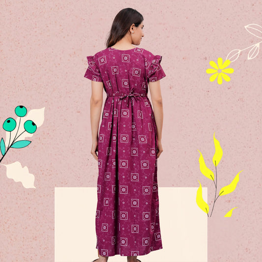 HARGUN NIGHT WEAR Women's Cotton Maxi Nighty, Printed, Ruffle Sleeves, Round Neck, All Day Comfort (MEGENTA, XL)