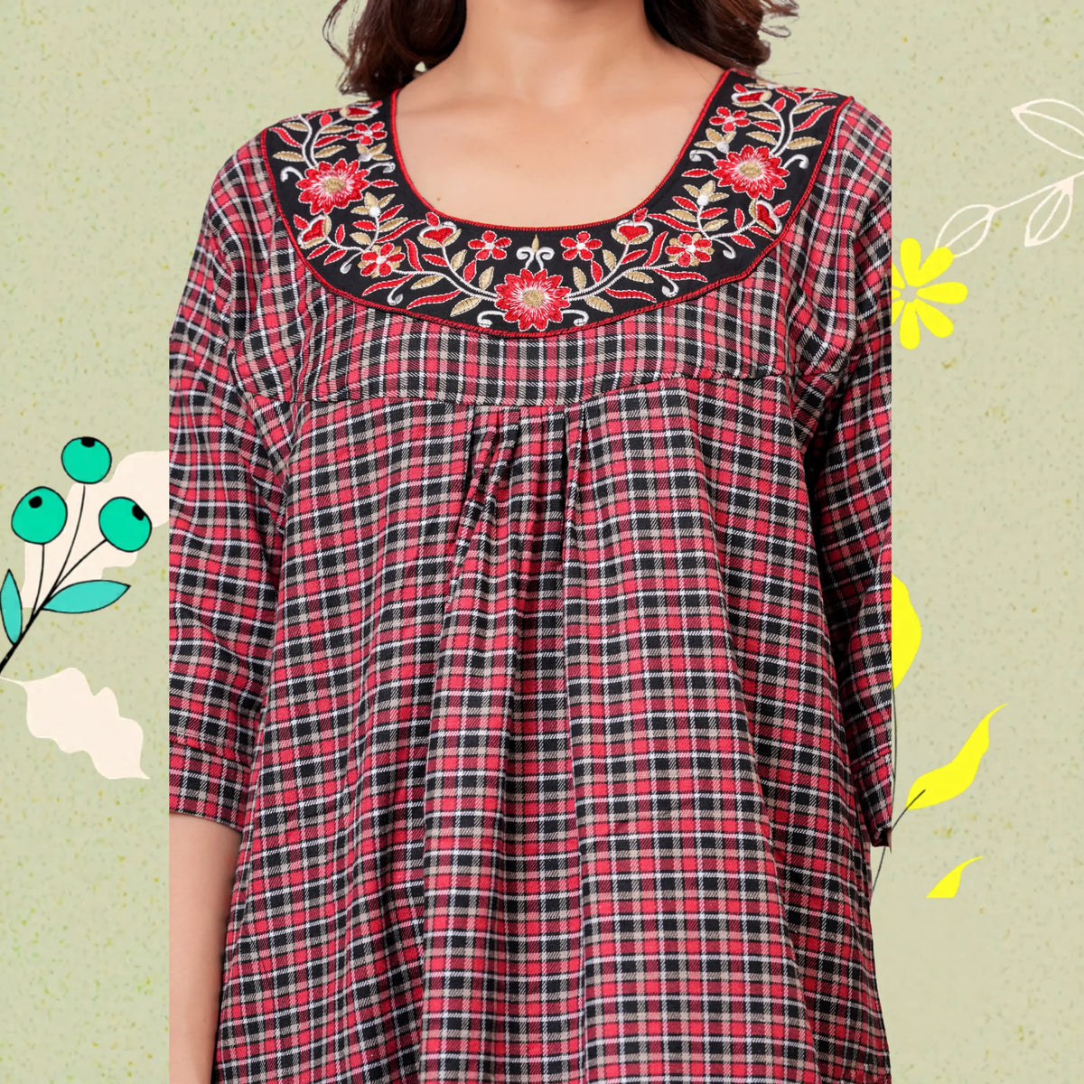 Woman wearing HARGUN brown cots wool winter nightgown with full sleeves.