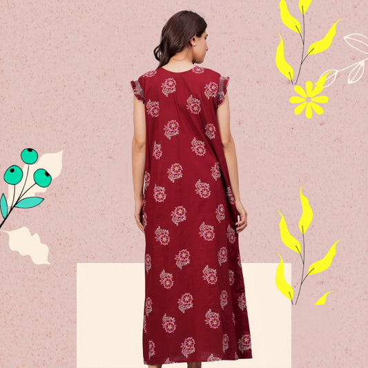 HARGUN NIGHT WEAR Cotton Nightgown for Women | Stylish Nighty Maxi Nightwear Floral Gown for Women Night Wear with Pocket (Maroon, XL)