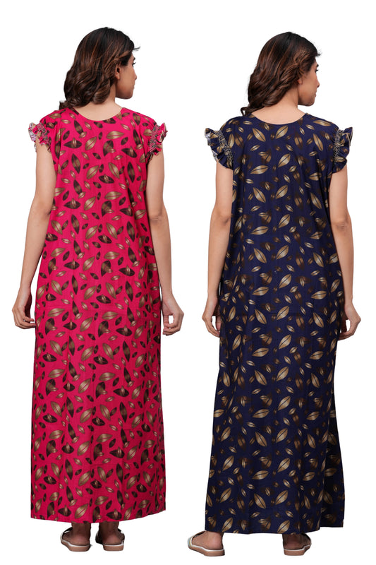 HARGUN Cotton Nightgown, Floral Print, Short Flutter Sleeves, Navy Blue and Gold, Full Length with Pockets (Combo, Free Size)