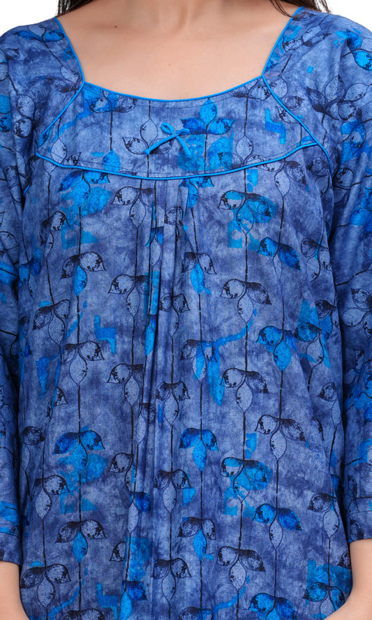 Women's Cotton Floral Print Full Sleeve Maxi Nightgown (Blue ,XL)