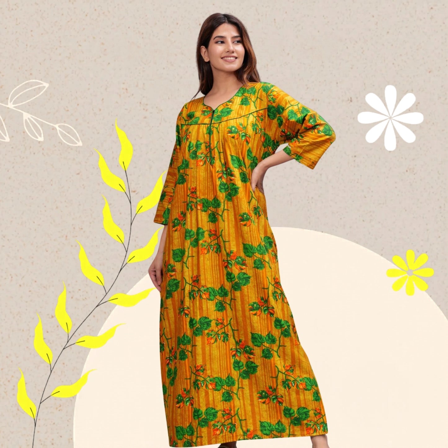 Full Sleeves Nighty Cotton Nightgown for Women(Yellow, Pack of 1)