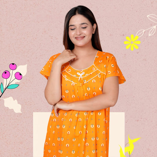 Women’s Pure Cotton Maxi Nighty – Soft Printed Night Dress for Daily Comfort (Yellow)