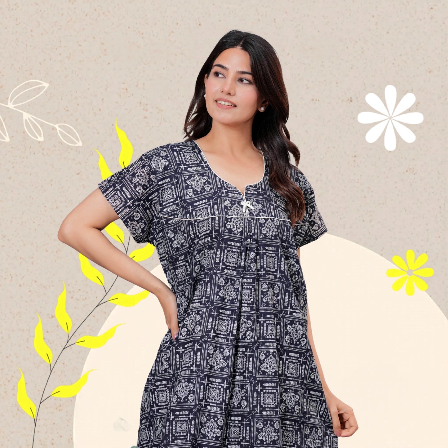 Women's Cotton Maxi Nighty, Geometric Print, Short Sleeve, Full Length Night Dress (Navy Blue, XL)