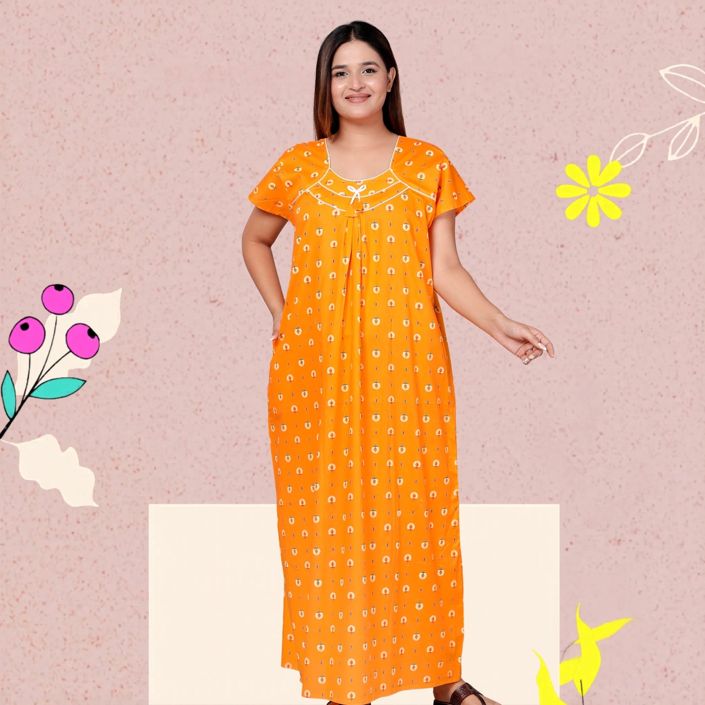 Women’s Pure Cotton Maxi Nighty – Soft Printed Night Dress for Daily Comfort (Yellow)