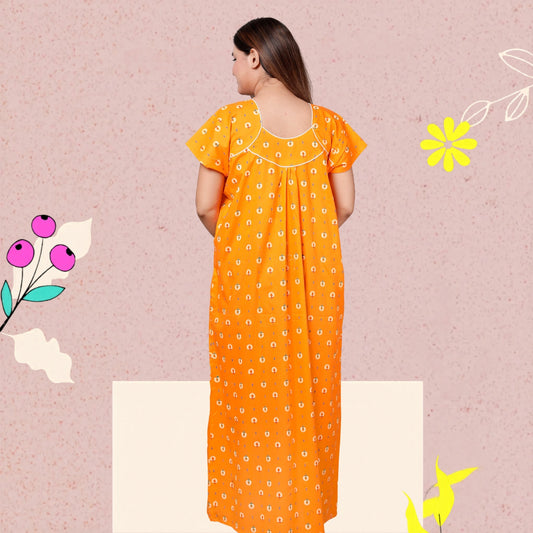 Women’s Pure Cotton Maxi Nighty – Soft Printed Night Dress for Daily Comfort (Yellow)