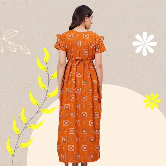 HARGUN NIGHT WEAR Women's Cotton Maxi Nighty, Printed, Ruffle Sleeves, Round Neck, All Day Comfort (MUSTERD, XL)