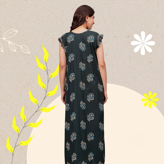 HARGUN NIGHT WEAR Cotton Nightgown for Women | Stylish Nighty Maxi Nightwear Floral Gown for Women Night Wear with Pocket (Green, XL)