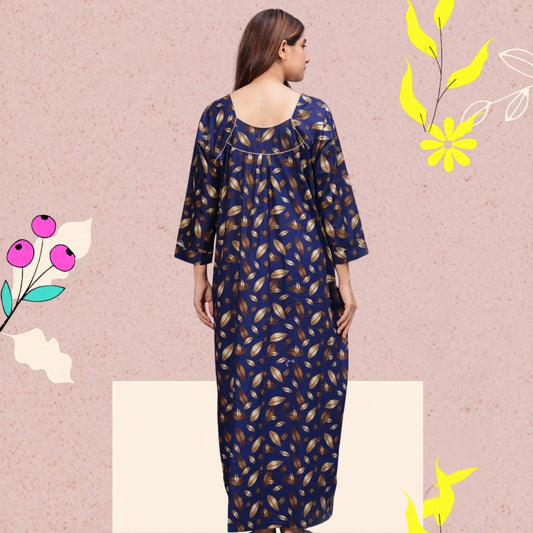 Full Sleeves Cotton Nightgown for Women(Navy Blue, XL)