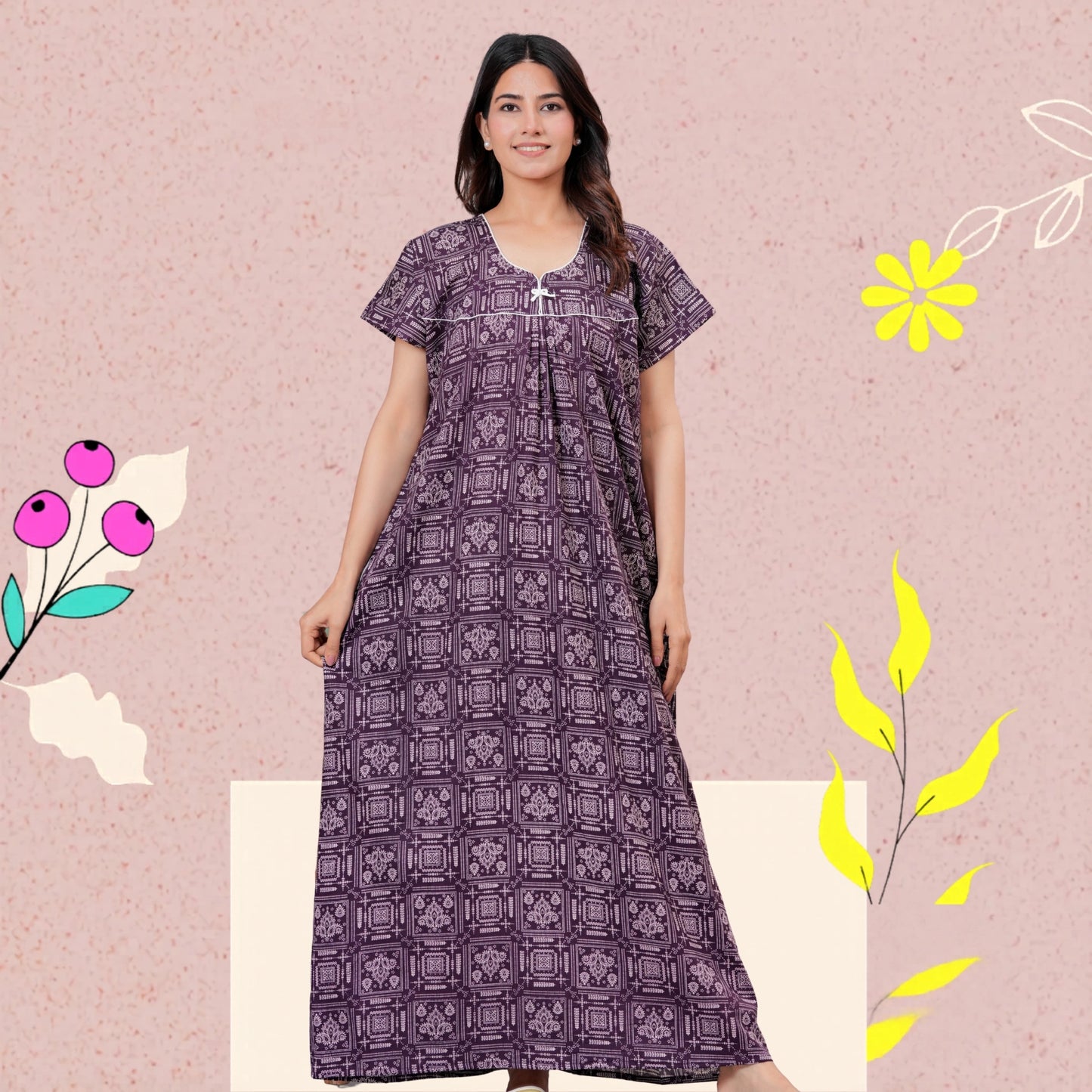 Women's Cotton Maxi Nighty, Geometric Print, Short Sleeve, Full Length Night Dress (Purple, XL)