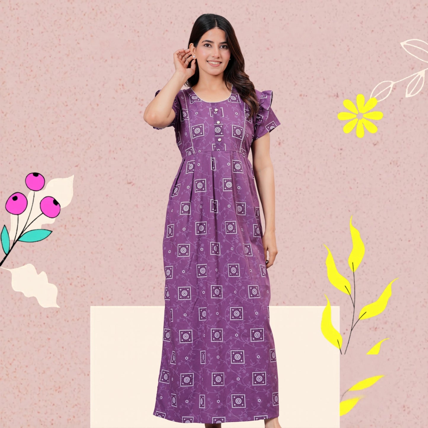 HARGUN NIGHT WEAR Women's Cotton Maxi Nighty, Printed, Ruffle Sleeves, Round Neck, All Day Comfort (Purple, XL)