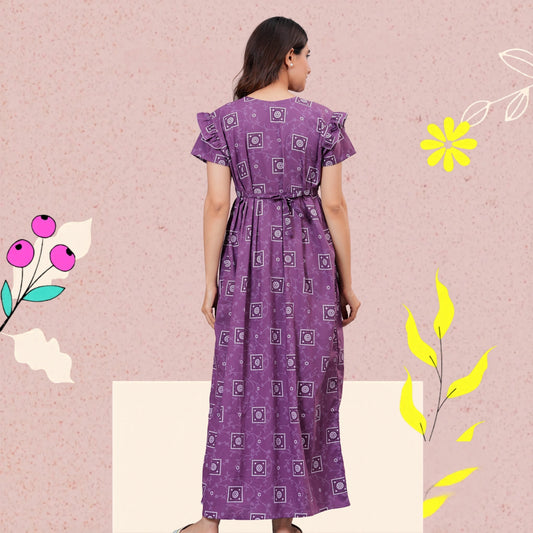 HARGUN NIGHT WEAR Women's Cotton Maxi Nighty, Printed, Ruffle Sleeves, Round Neck, All Day Comfort (Purple, XL)