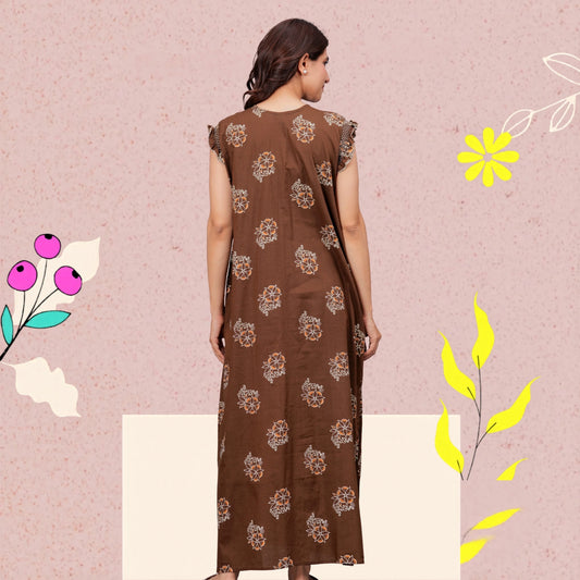 HARGUN NIGHT WEAR Cotton Nightgown for Women | Stylish Nighty Maxi Nightwear Floral Gown for Women Night Wear with Pocket ((Brown, XL)