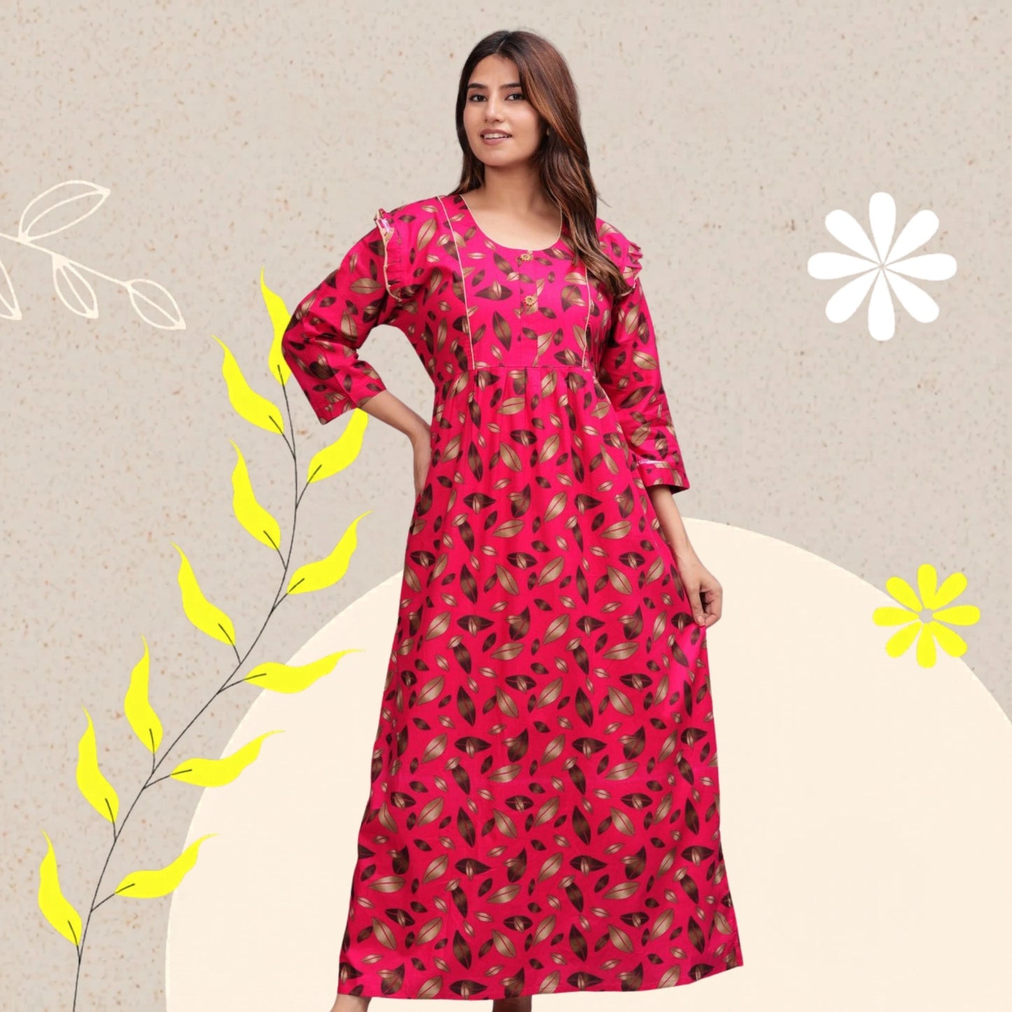 Women Cotton Full Sleeves Nightgown (Raani Pink, XL)