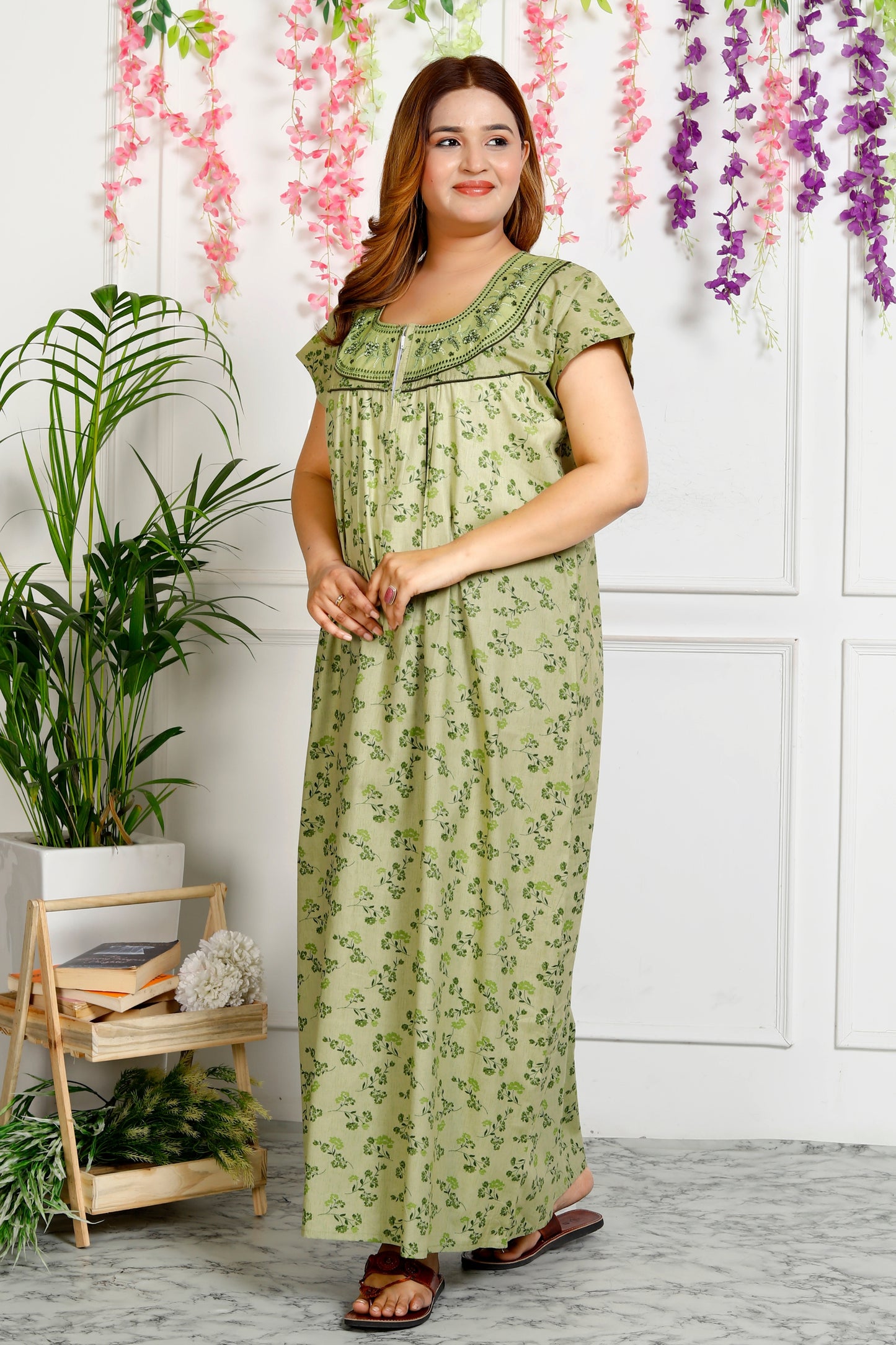 Floral Print Embroidery Nighty for Women(Kelly Green)