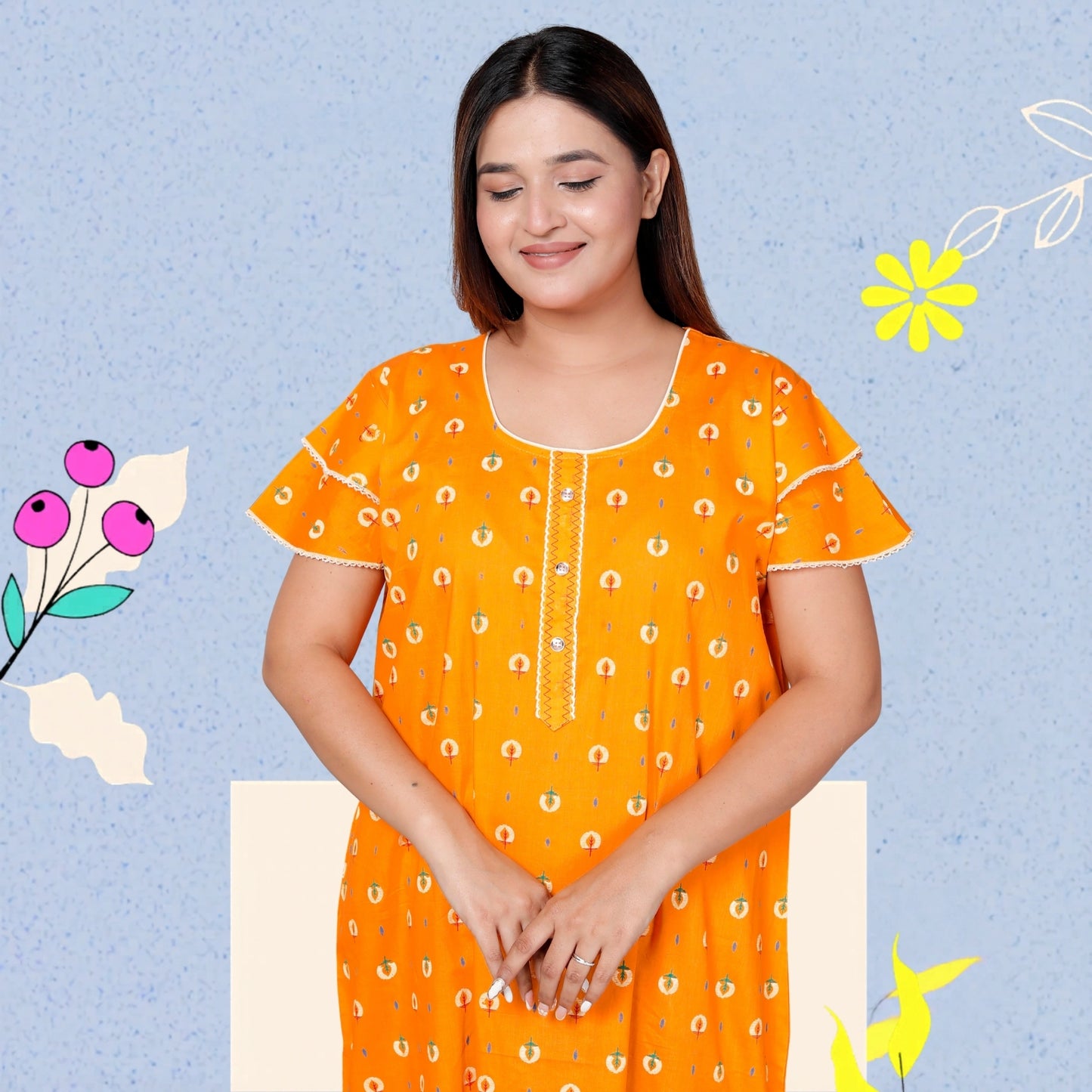 Bright Yellow Pure Cotton Printed Nighty Maxi with Side Pocket | Soft & Breathable Women’s Nightgown