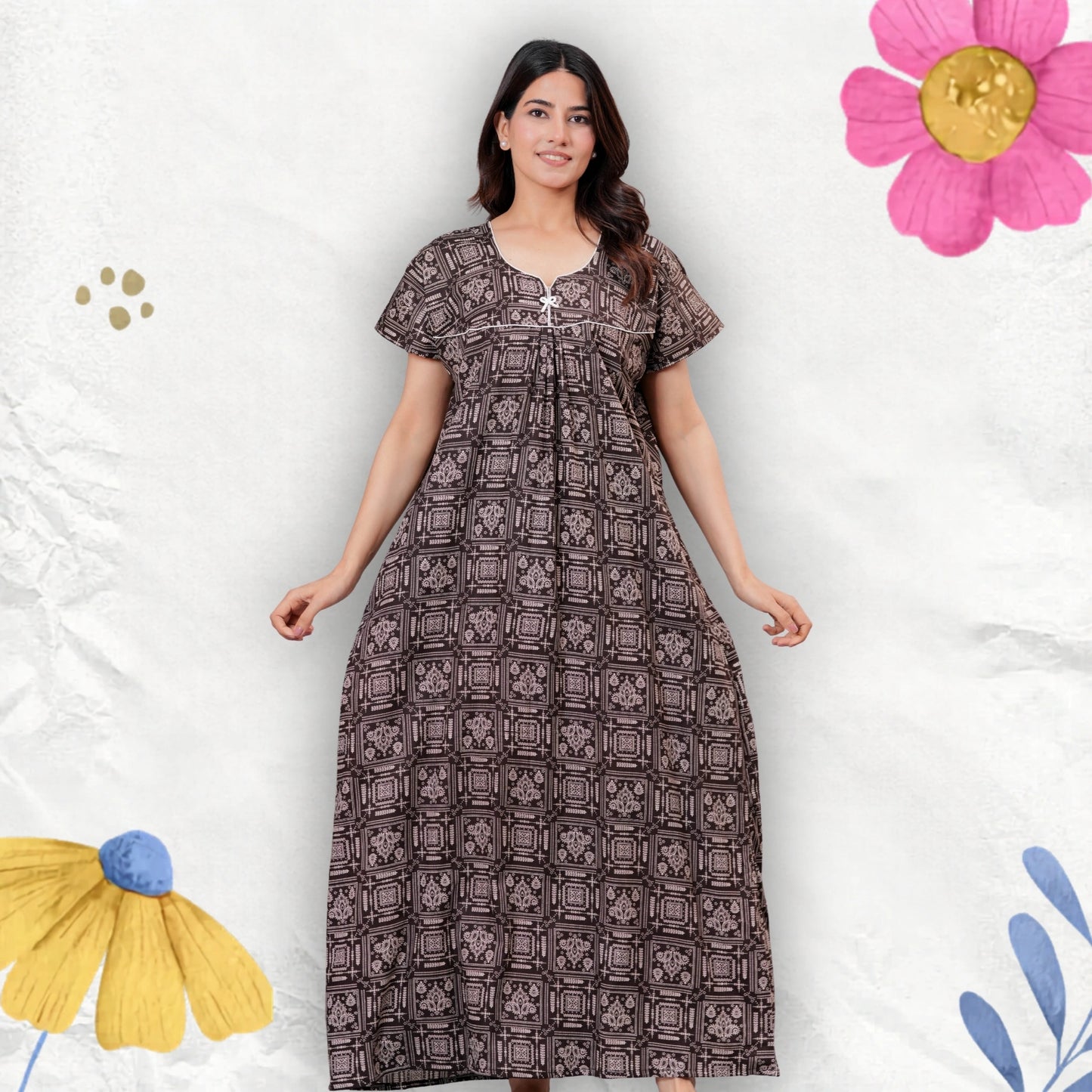 Women's Cotton Maxi Nighty, Geometric Print, Short Sleeve, Full Length Night Dress (Brown, XL)
