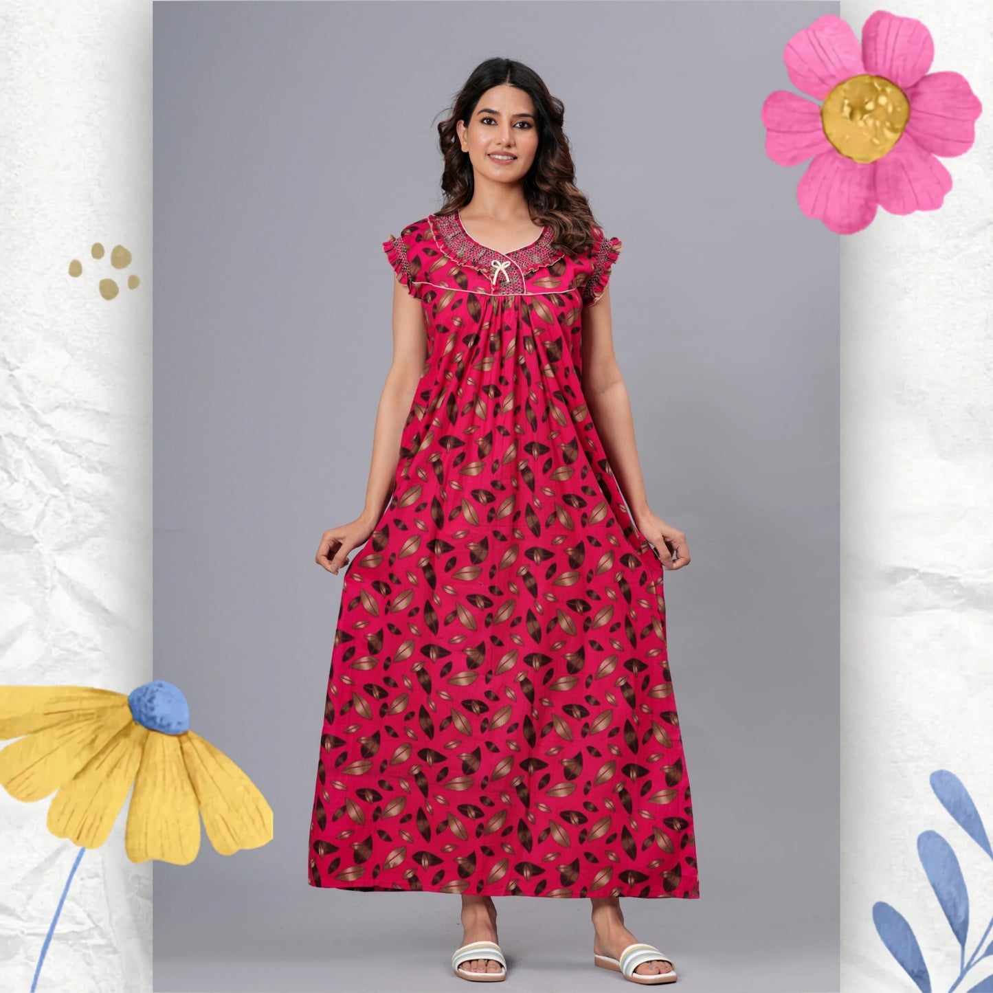 HARGUN Cotton Nightgown, Floral Print, Short Flutter Sleeves, Navy Blue and Gold, Full Length with Pockets (Combo, Free Size)