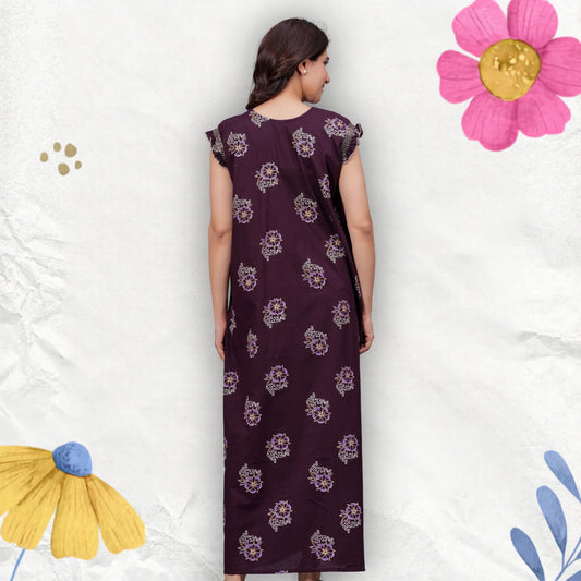 HARGUN NIGHT WEAR Cotton Nightgown for Women | Stylish Nighty Maxi Nightwear Floral Gown for Women Night Wear with Pocket (Purple, XL)