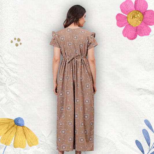 HARGUN NIGHT WEAR Women's Cotton Maxi Nighty, Printed, Ruffle Sleeves, Round Neck, All Day Comfort (Beige, XL)