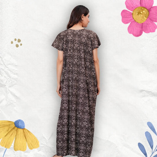 Women's Cotton Maxi Nighty, Geometric Print, Short Sleeve, Full Length Night Dress (Brown, XL)