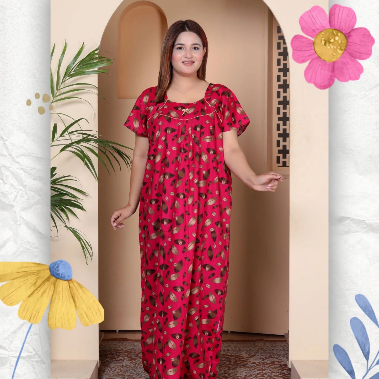Short Sleeves Nightgown for Women, Cotton, Full Length (XL, Dark Pink)