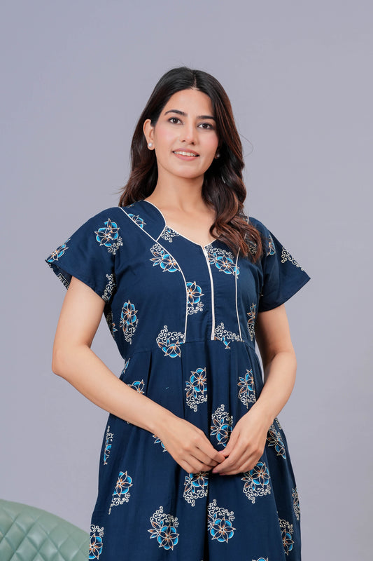 Women’s Pure Cotton Floral Nightgown Full Length Maxi Nighty with Front Zipper & Adjustable Waist Tie