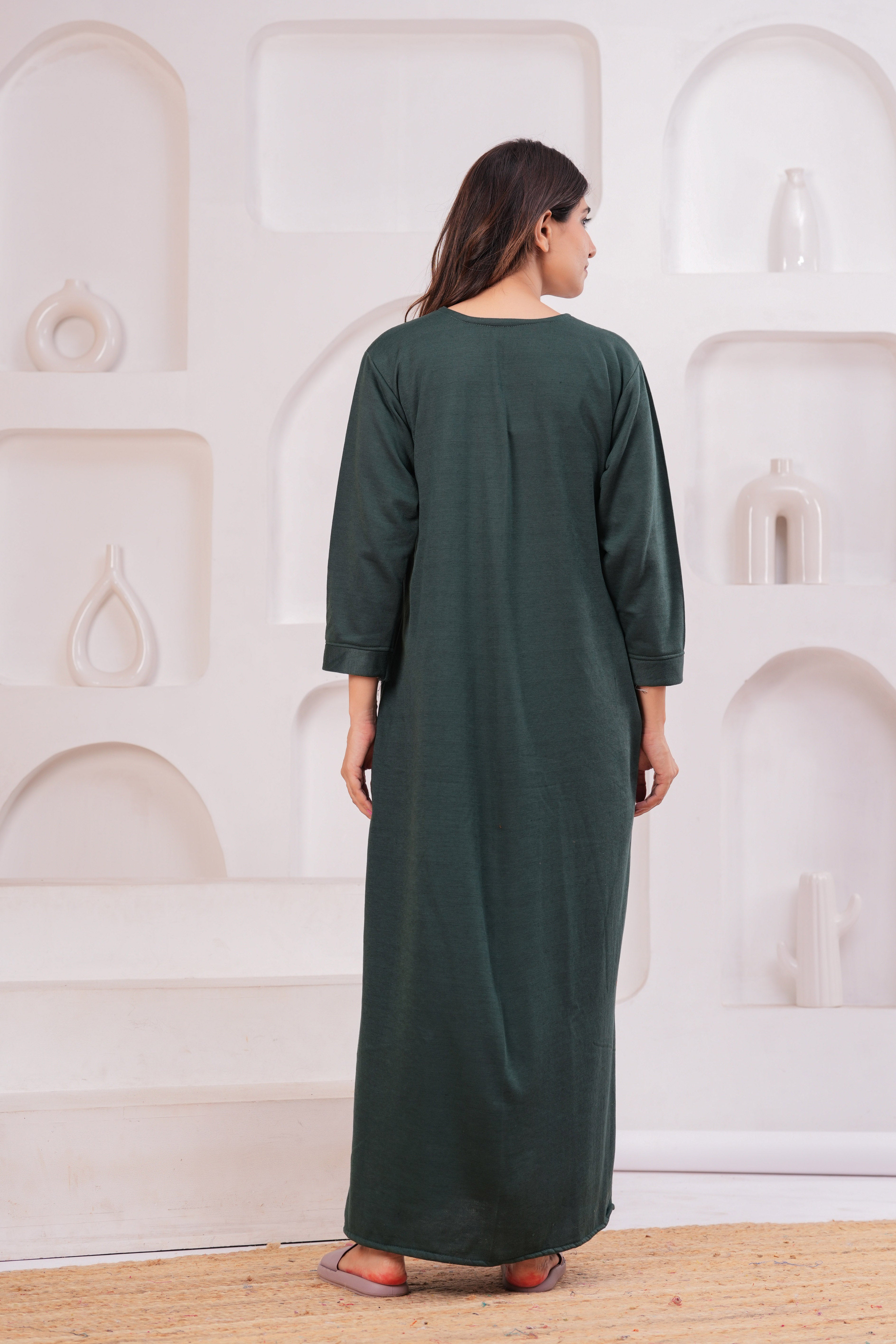 Women’s Winter Fleece Nightgown – Warm & Comfortable Long Nighty with Embroidered Neck | HARGUN Night Wear