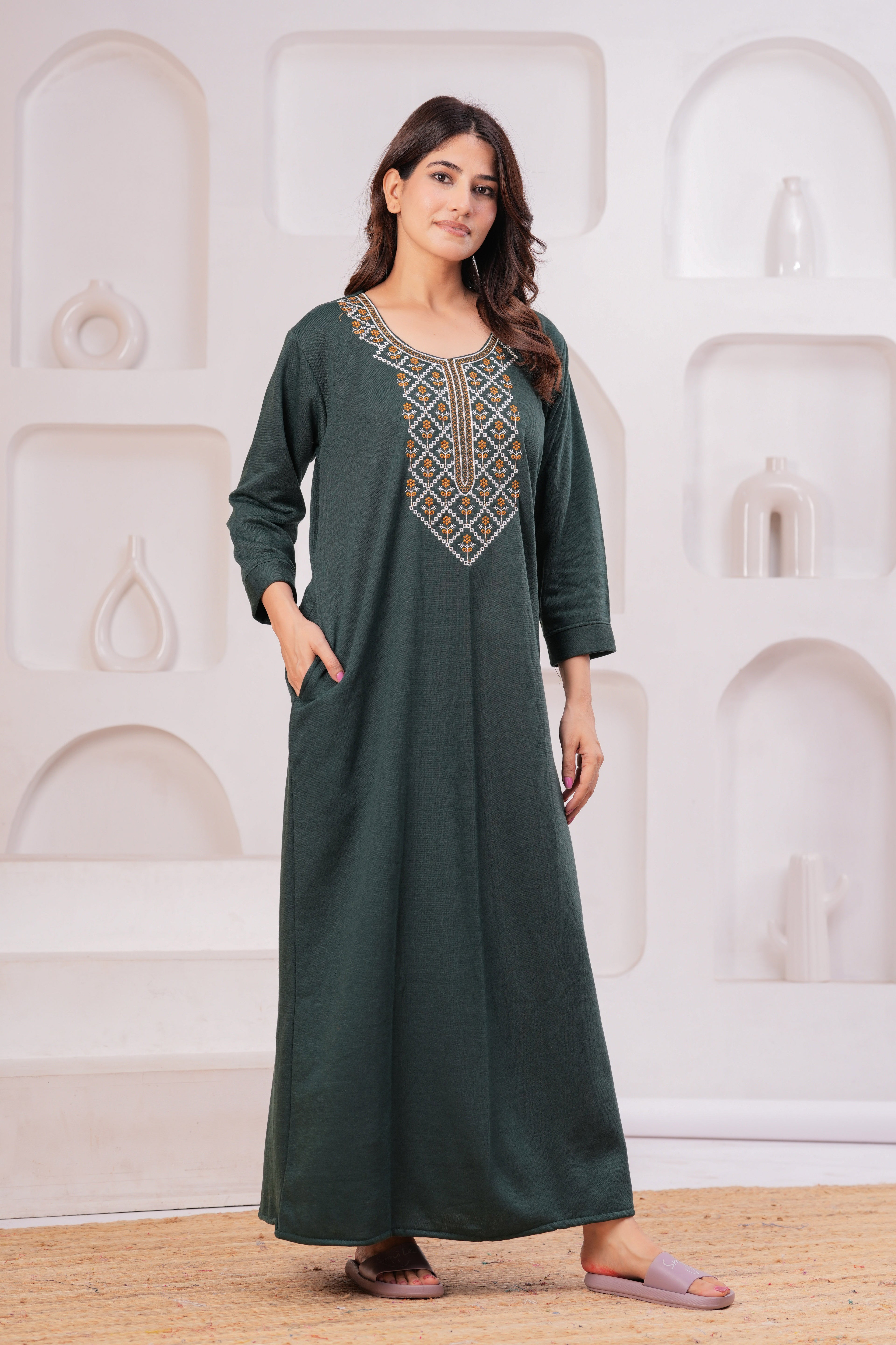 Women’s Winter Fleece Nightgown – Warm & Comfortable Long Nighty with Embroidered Neck | HARGUN Night Wear