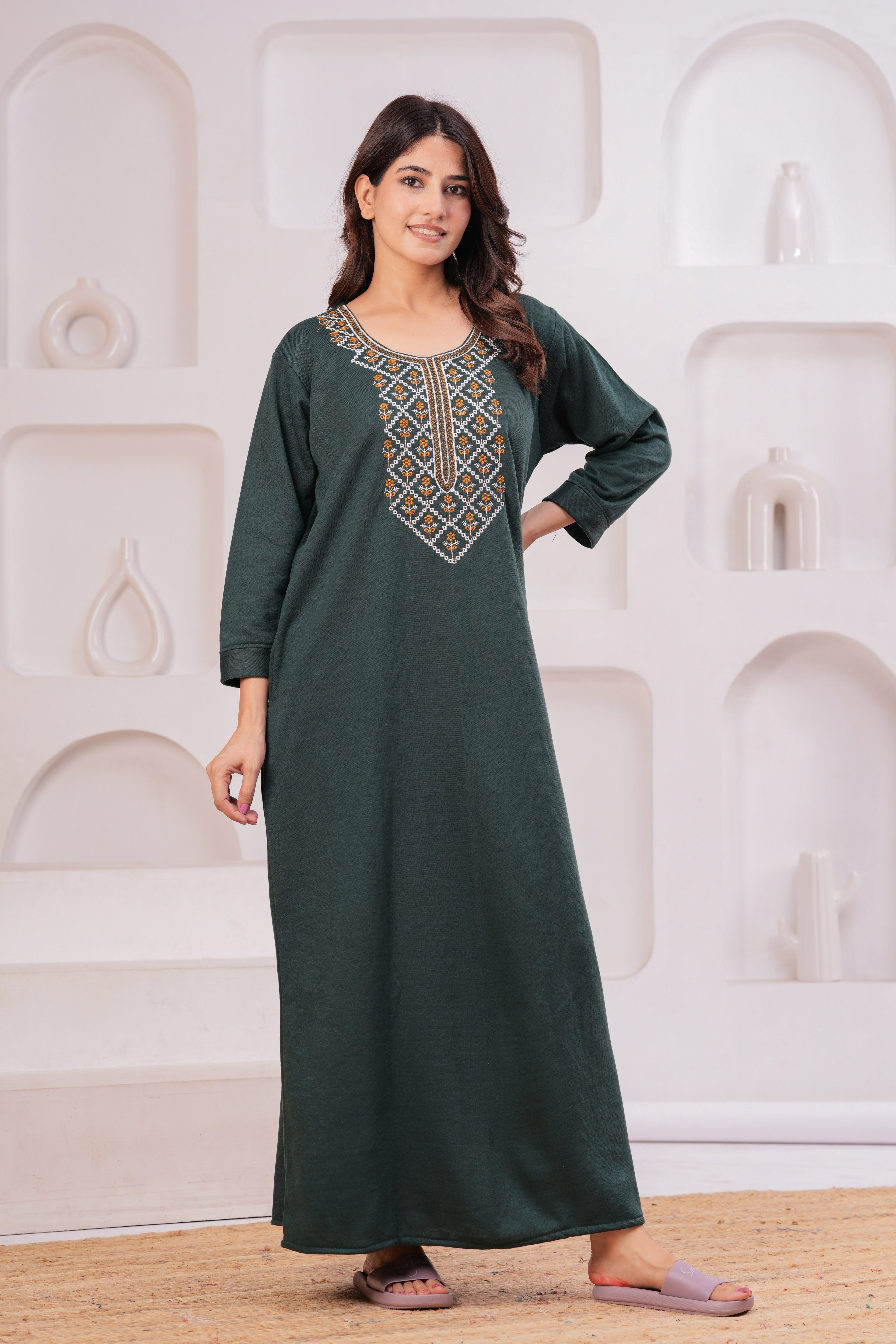 Women’s Winter Fleece Nightgown – Warm & Comfortable Long Nighty with Embroidered Neck | HARGUN Night Wear