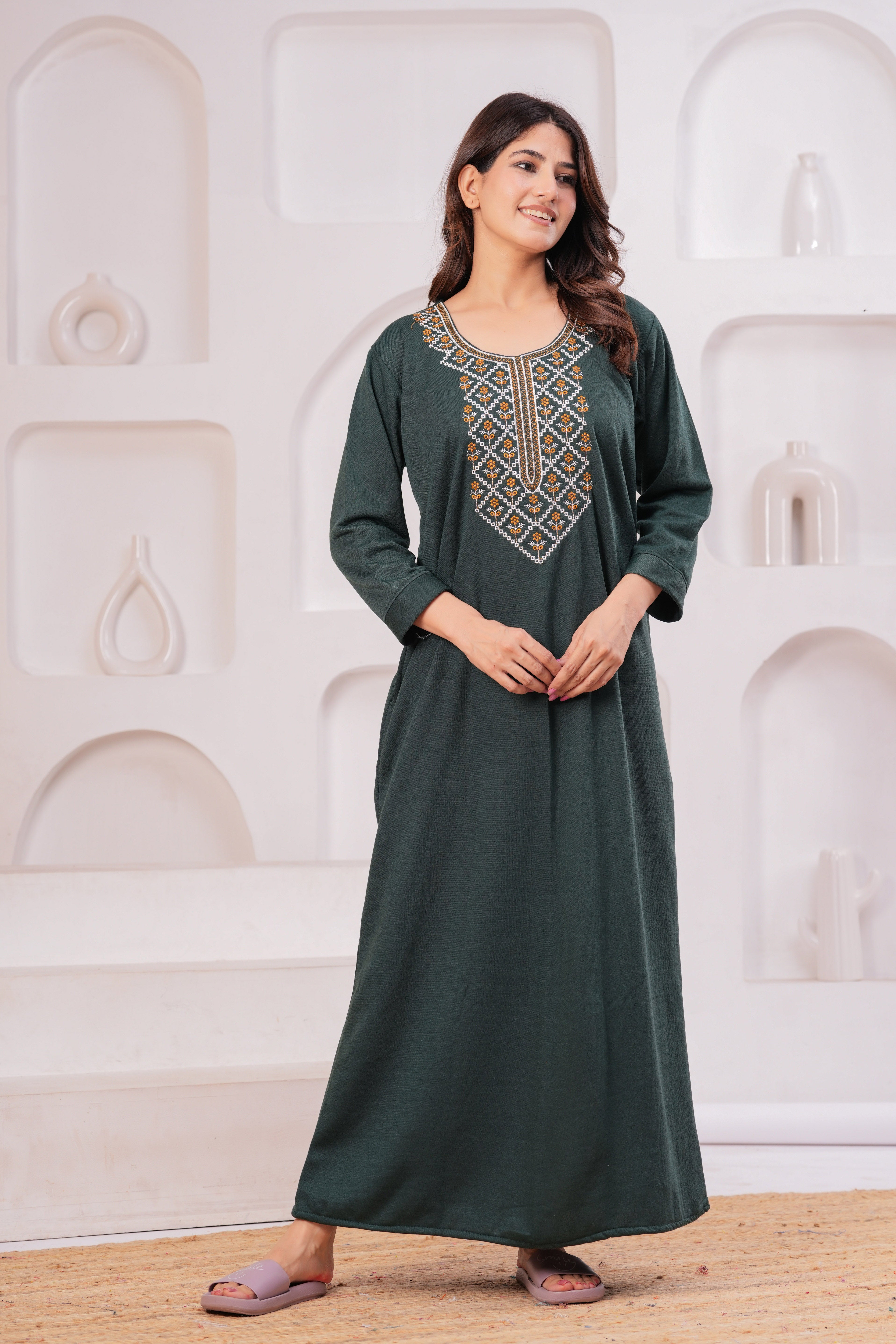 Women’s Winter Fleece Nightgown – Warm & Comfortable Long Nighty with Embroidered Neck | HARGUN Night Wear